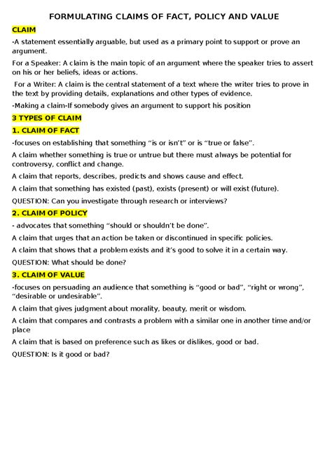Claims of Fact, Policy, and Value: An Analytical Overview - Studocu