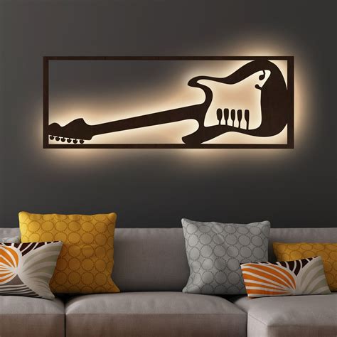 Designer Guitar Backlit Wooden Wall Decor with LED Night Light Walnut ...