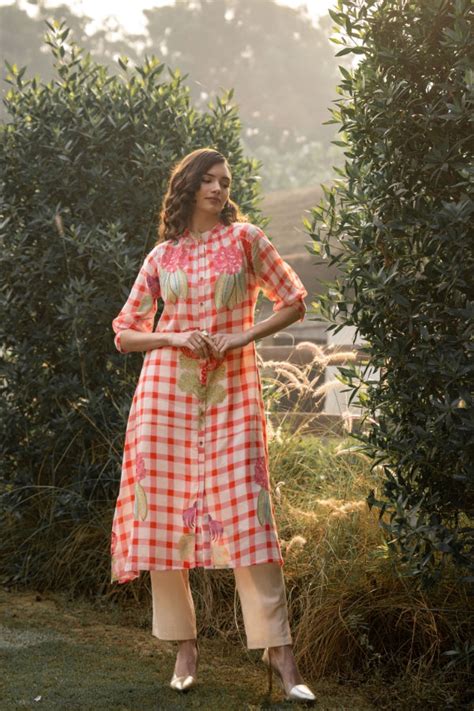 Anaswara Red Checkered Floral Print A-Line Kurti with Beige Pant Set