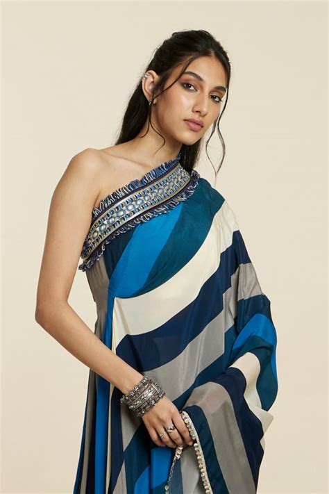 SVA By Sonam and Paras Modi - Blue Stripe One Shoulder Saree Set - Elahe