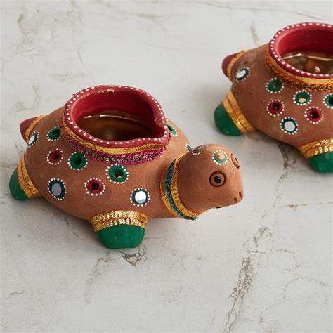 Buy Utsav Brown Embellished Handmade Clay Tortoise Shaped Diya - Set of ...