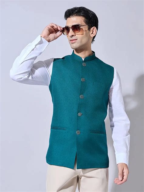 SHOWOFFFF Men's Solid Green Nehru Jacket
