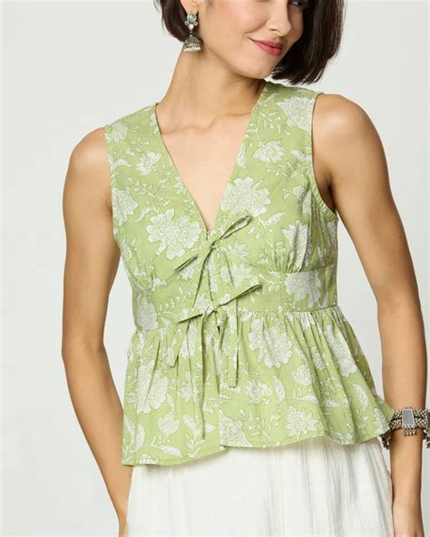 Sage Green & White Floral Tie-Up Top - AMARAA