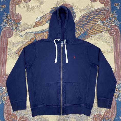 Navy blue polo hoodie with red logo Measurements... - Depop