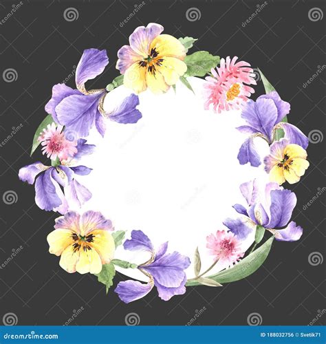 Round Frame of Purple Irises Flowers, Watercolour Illustration Stock ...