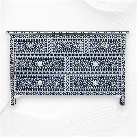 Dark Blue Mother of Pearl Inlay Chest Of 7 Drawers – Luxury Handicrafts