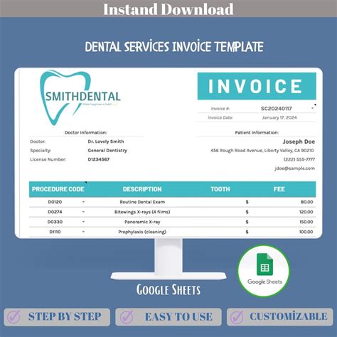 Dental Services Invoice Template Google Sheets, Editable Patient Billing Sheet, Dental Clinic ...