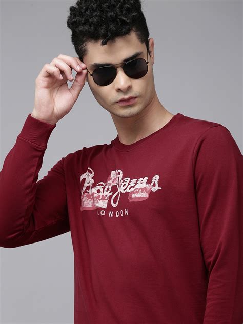 Buy Pepe Jeans Men Dark Red Brand Logo Print Pure Cotton Sweatshirt ...