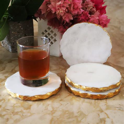 Rajasthani Kala Handmade White Round Stone Marble Gold Coffee Table ...