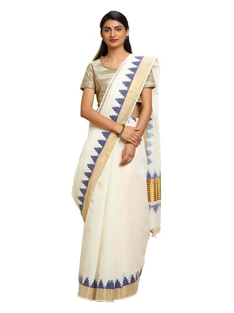 Buy manvish drapes Plain, Temple Border Kerala Kasavu Pure Cotton Saree ...