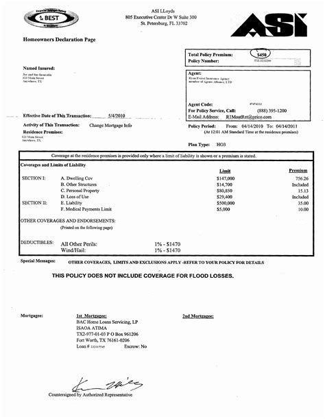 Insurance Declaration Page Template
