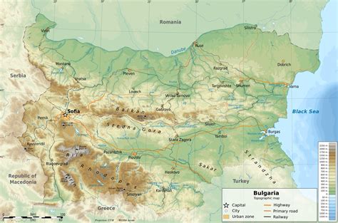 Geographical map of Bulgaria: topography and physical features of Bulgaria