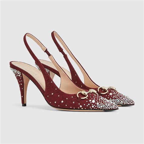 Women's slingback pump with crystal Horsebit in Rosso Ancora GG canvas ...