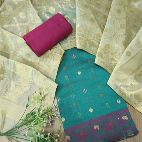 Janabeali Teal Blue with All Over Authentic Jamdani Weaved Hem Suit Se ...