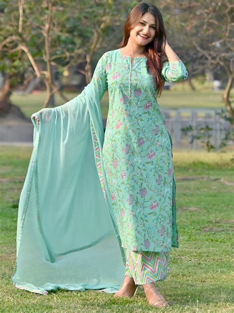 Buy Green Printed Cotton Straight Kurta With Palazzos & Dupatta Online ...