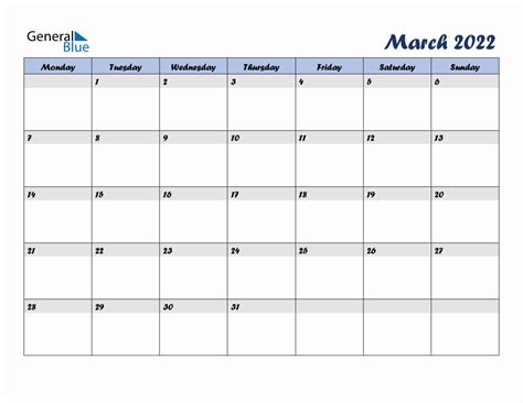 Free March 2022 Monthly Editable Calendar - Monday Start