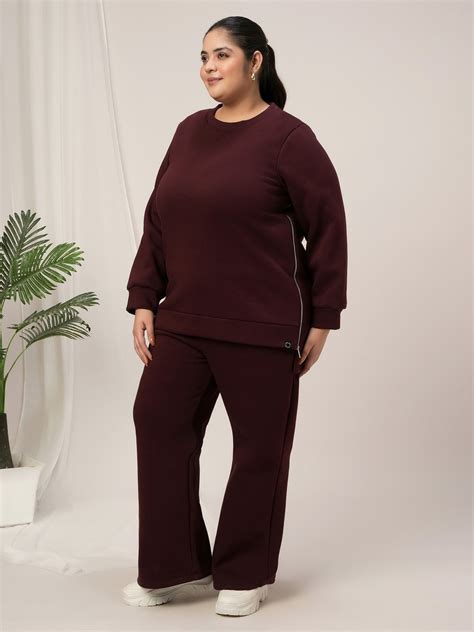 Women Plus Size Maroon Fleece Winter Co-Ord Set