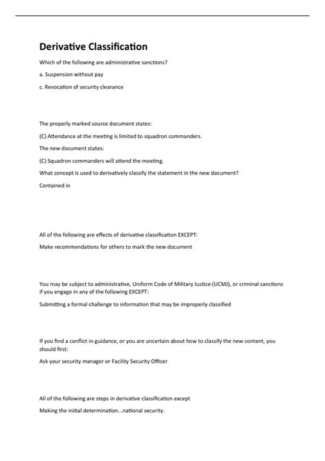 Army Security Awareness Derivative Classification questions with ...