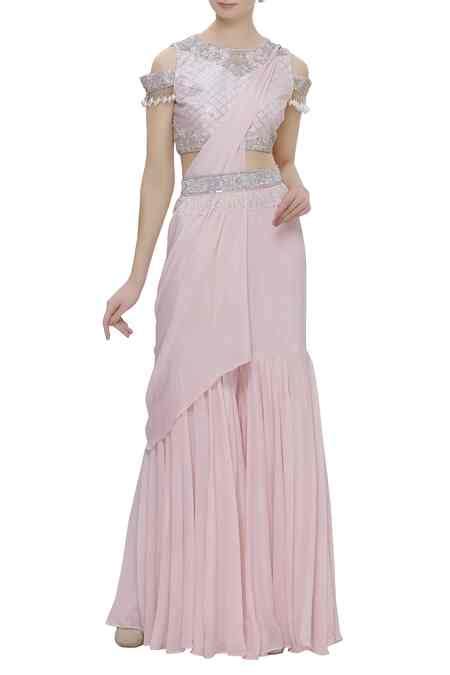 Buy Pink Chiffon Beads And Cutdana Work Pre-draped Sharara Pant Saree ...