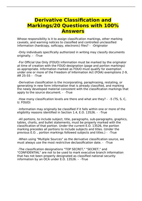 Derivative Classification and Markings/20 Questions with 100% Answers ...