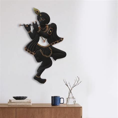 Black Lord Krishna Playing Flute Handcrafted Decorative Iron Wall ...