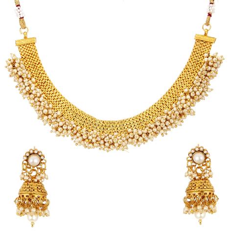 Buy ZENEME Jewellery Set Gold Plated White Pearl Temple Style Necklace ...