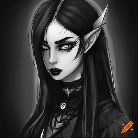 Character concept art of a goth girl elf in pencil monotone on Craiyon