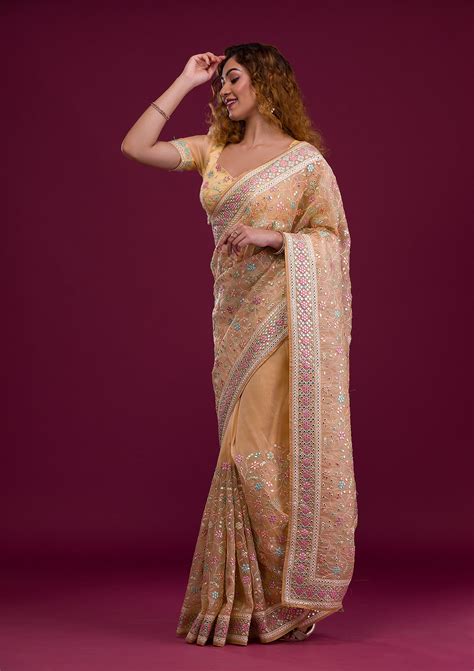 Buy Gold Gotapatti Shimmer Georgette Saree - Koskii