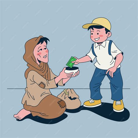 Premium Vector | Boy giving alms to beggars