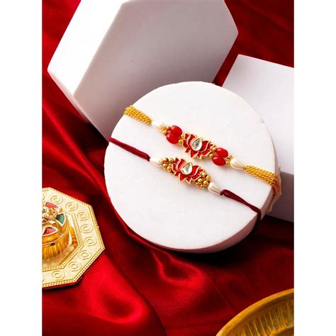 Buy PANASH Red Stone Studded Lotus Shaped Rakhi Gift Set Online