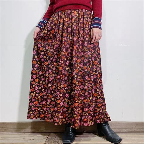 70s brown and orange flower printed long skirt | LEMON
