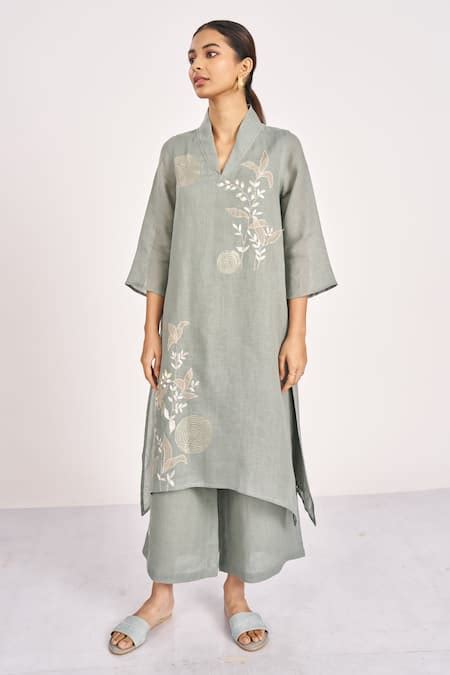 Buy Green Linen Embroidery V-neck Floral Hand Tunic For Women by Kaveri ...