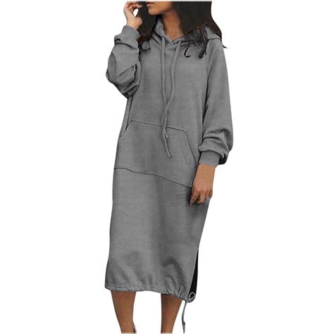 safuny Women's Knee Length Hoodie Dress Long Sweatshirt Pullover Pocket ...