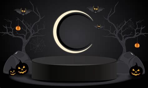 Spooky halloween podium scene with bats and pumpkins | Premium Vector