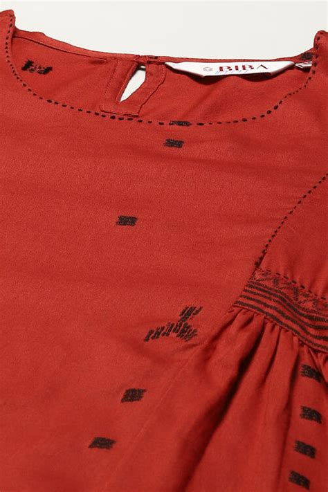 Burnt Orange Poly Cotton Flared Yarndyed Kurta at Biba India