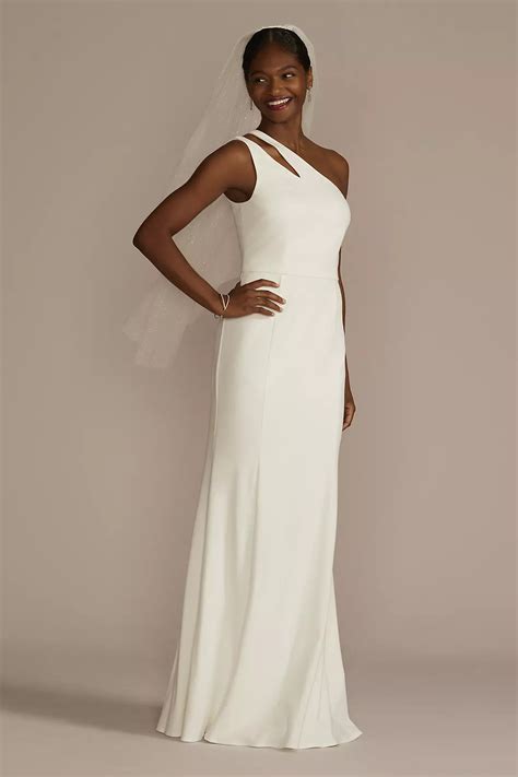 One-Shoulder Stretch Crepe Sheath Wedding Dress | David's Bridal