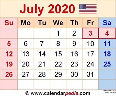 july calendar 2020