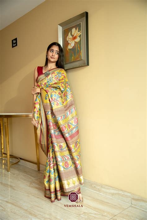 Mustard Yellow Pen Kalamkari Karvati Kinar Tussar Silk Saree : Sahara ...