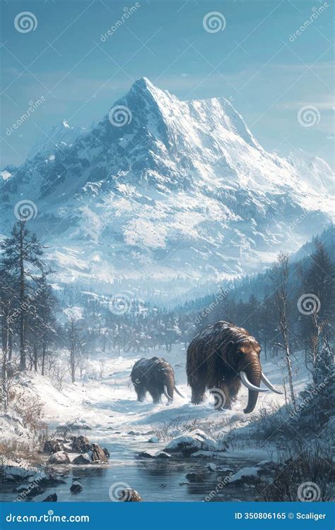Two Woolly Mammoths Walk on Snow during Ice Age, Vertical View of ...