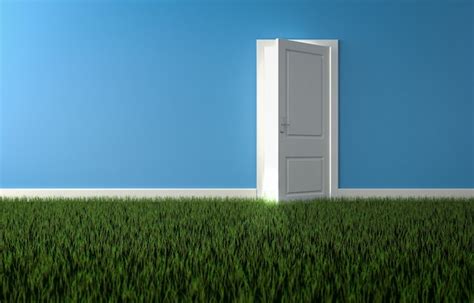 Bright light shining through open door in room with growing grass on ...