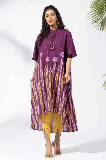 Buy Purple Cotton Mandarin Collar Chevron Plum Tunic Set For Women by ...