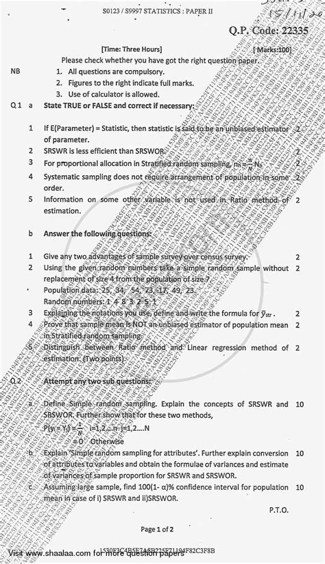 Theory of Sampling 2017-2018 BA Statistics Semester 3 (SYBA) question ...