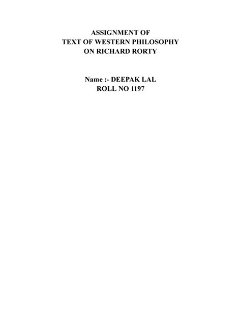 Richard Rorty Assignment - ASSIGNMENT OF TEXT OF WESTERN PHILOSOPHY ON ...