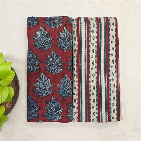 Top Bottom Combo Pure Cotton Ajrak Rust Red And Blue Leaves Fabric Wit ...