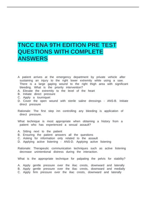 TNCC ENA 9TH EDITION PRE TEST QUESTIONS WITH COMPLETE ANSWERS - ALSO ...
