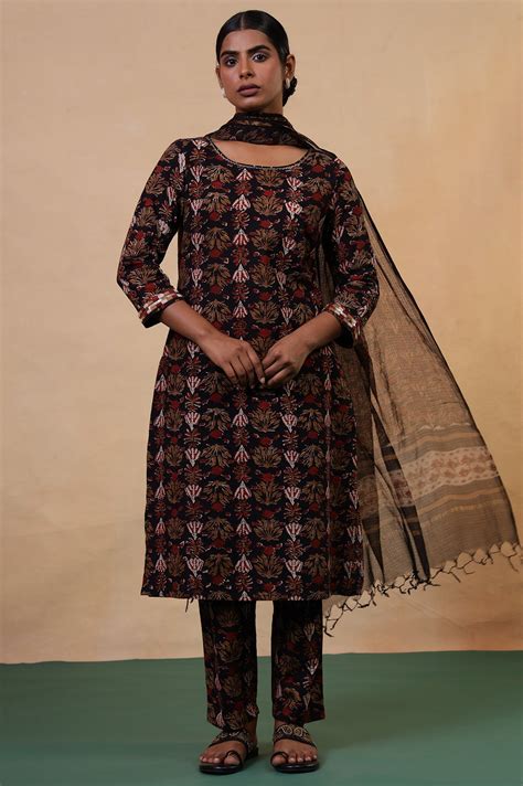 Buy Folksong Iron Black Cotton Straight-Fit Floral Hand Block Printed ...