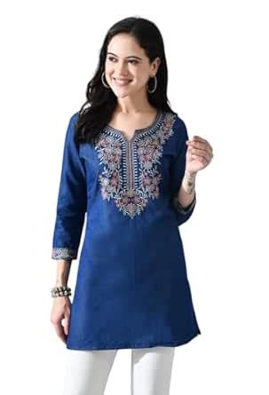 Buy PR Clothing Women's Denim Multi Color Embroidered Short Kurti ...