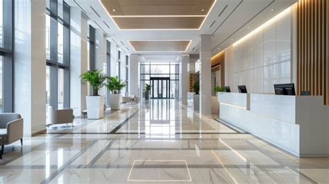 Modern bank interior with a spacious lobby and customer service desks ...