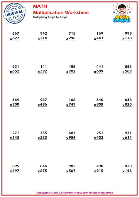 Multiplying 3 Numbers Worksheets Multiply 3 Digit Numbers And 1 Digit