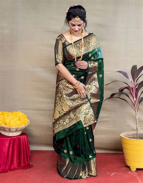 Dark Green Silk Woven Banarasi Saree – Sudathi